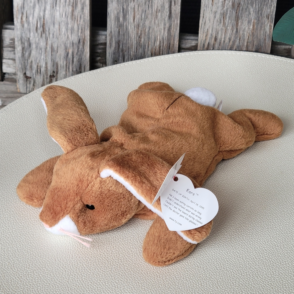 Ty 1995 Ears Brown and White Plush Bunny Toy - 4.18.1995 EARS